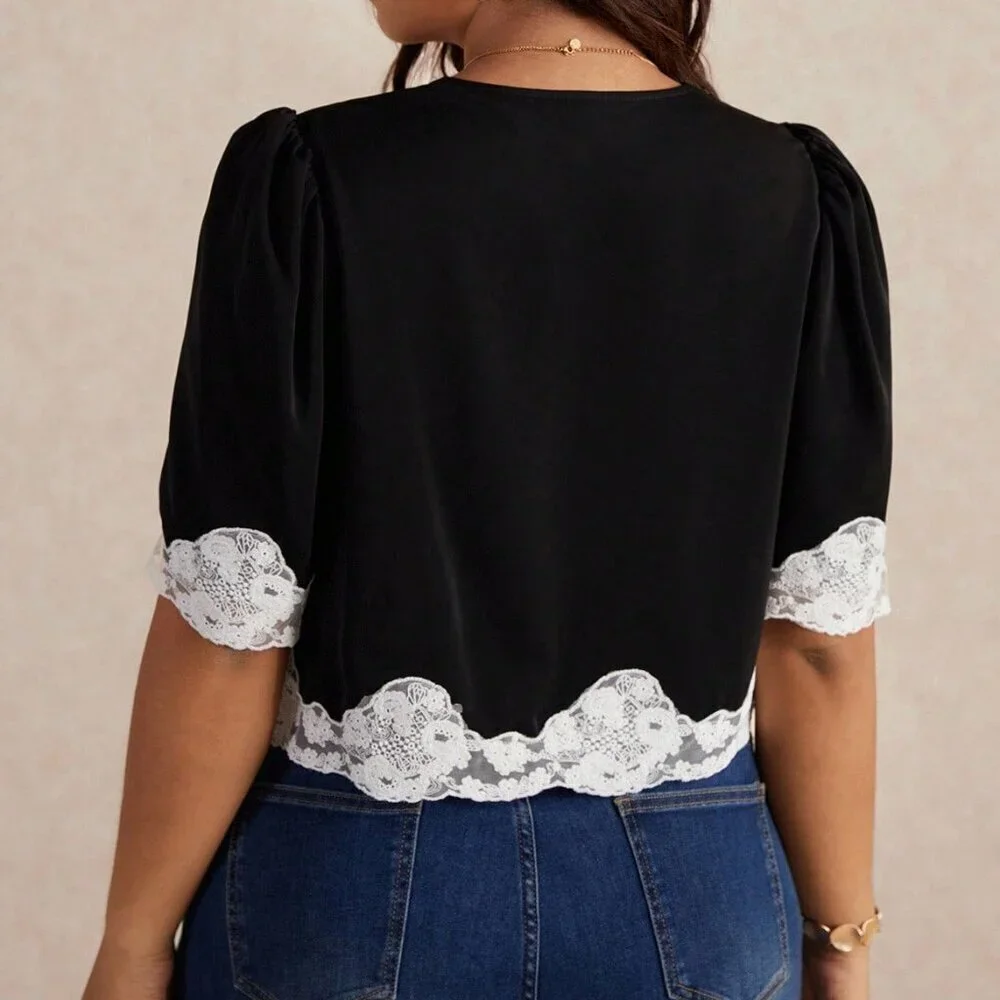 Plus Size boho Black Women's Lace Blouse with Puff Sleeves